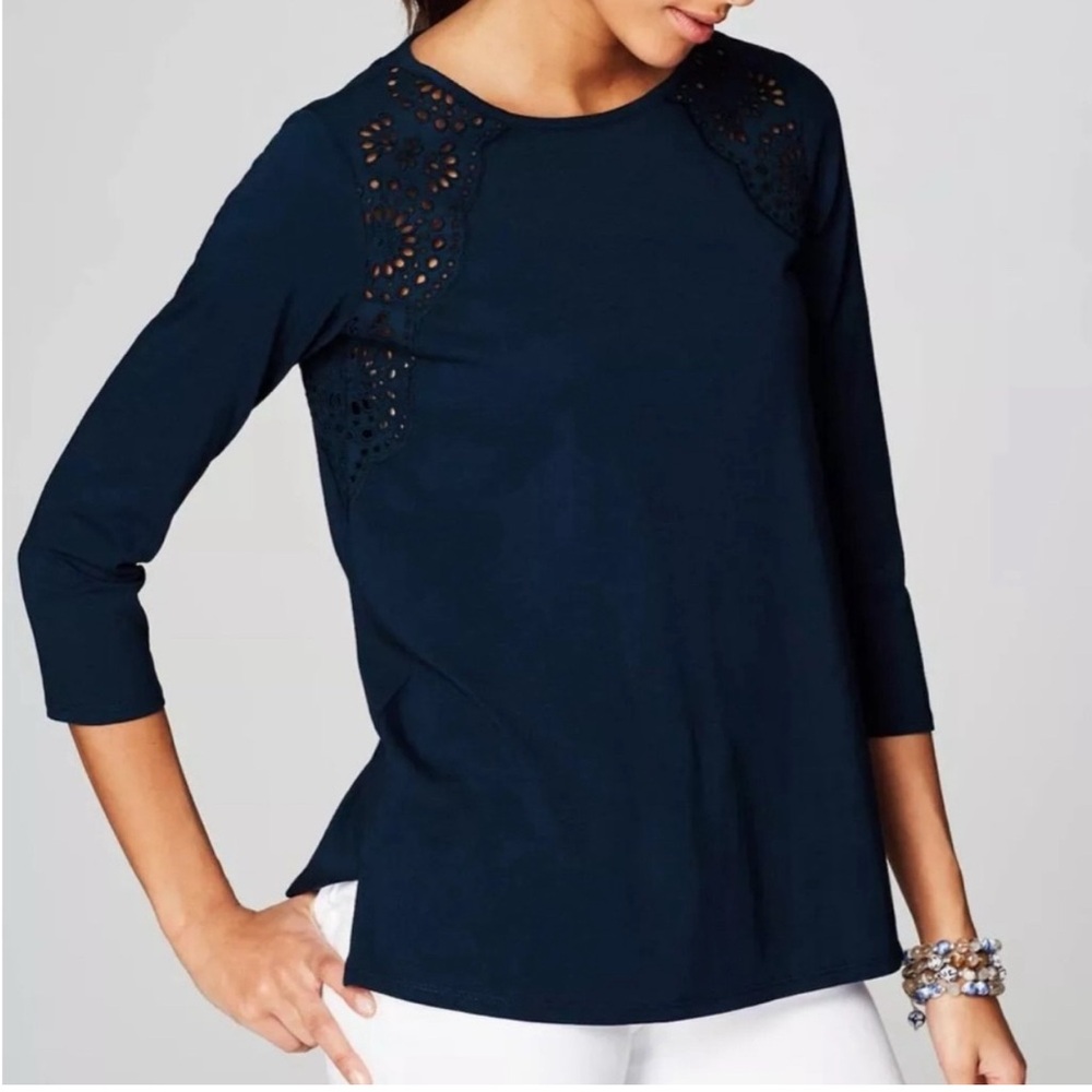 NWT J Jill Navy Blue Eyelet Knit Top Tee XS Cotton Blend Tie Back Cut Out